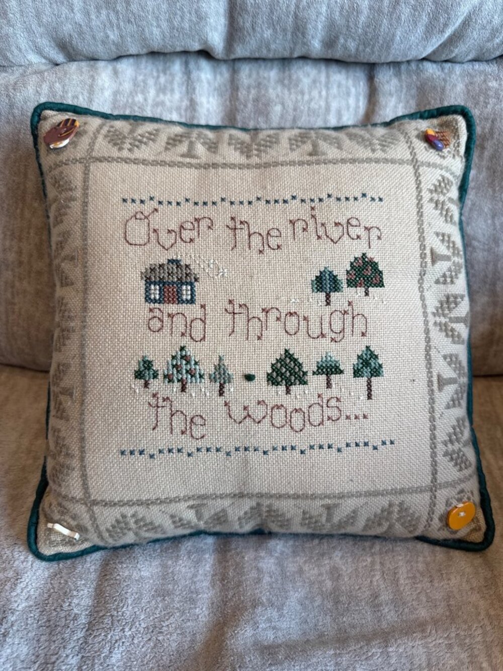 Fall Embroidered Bench Throw Pillow "Over The River And Through The Woods"
